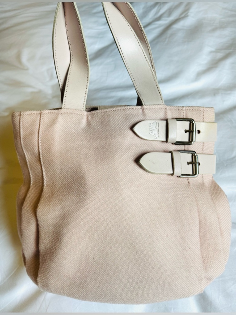Pringle Pale Pink Wool Kilt Bag with Buckle Straps and leather detailing.